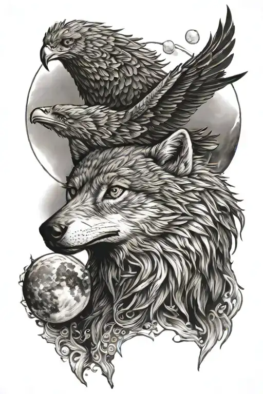 wolf, eagle,moon tattoo design idea