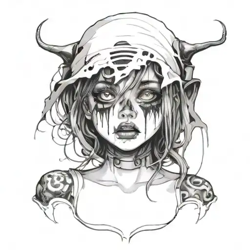 Black And White Anime Girl gore horror gothic Style  tattoo design idea