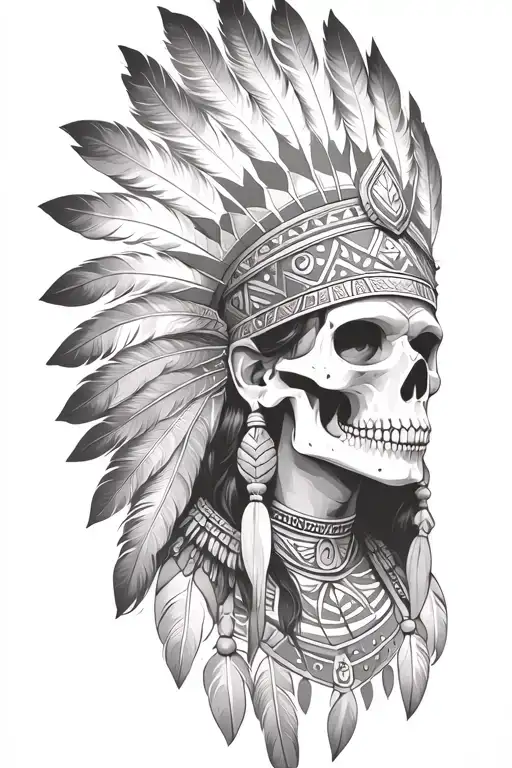 aztec warrior girl, skeletal fierce face, crown skull, geometric patterns feathers, spirituality, afterlife, death tattoo design idea