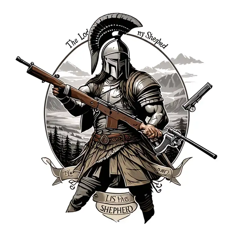 A detailed design of a Spartan warrior in a hunting pose, with a rifle and handgun in hand, set against a backdrop of scenic landscapes and the phrase 'The Lord is my Shepherd' incorporated into the design tattoo design idea