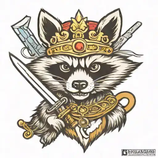 angry raccoon with king crown and sword tattoo design idea