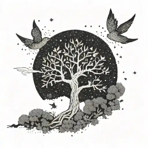 tree of life where the leaves are shooting stars and write the first name EWAN tattoo design idea