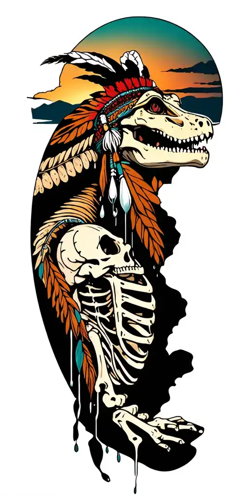 Desert with native species, Native American hints, skeleton in bed with coffee, alligator tears, falling man L head tattoo design idea