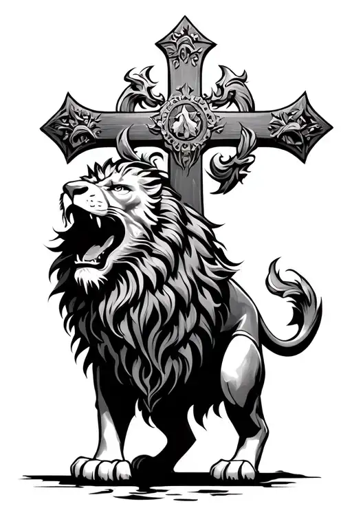 armor of god lion roaring cross tattoo design idea