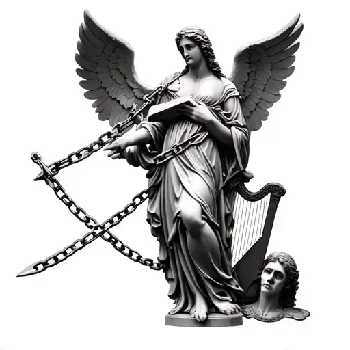 The statue of the angel constrained in chains, in one hand a book, in the other sword, in the third harp, in the fourth severed head tattoo design idea