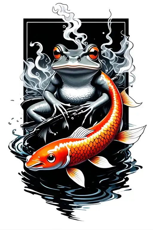 Japanese style frog smoking while riding koi fish tattoo design idea