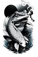 Japanese style frog smoking while riding koi fish tattoo design idea