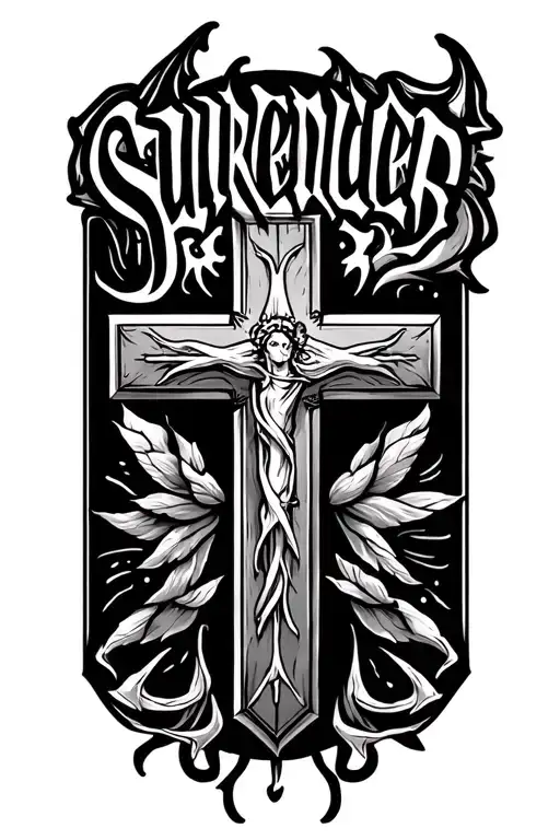 "surrender" Christian themed incorporating a cross tattoo design idea