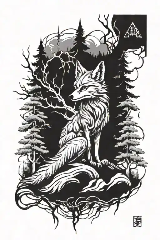 High mountains in front of them an evil fox with nine tails breaks trees a tattoo sketch tattoo design idea