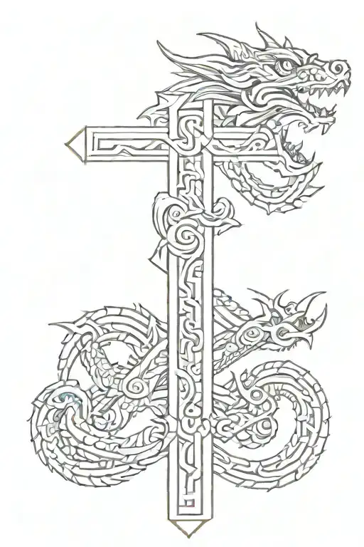 small cross with aztec dragon wrapped tattoo design idea