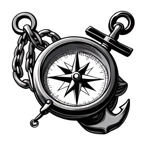 compass with anchor and chain links tattoo design idea