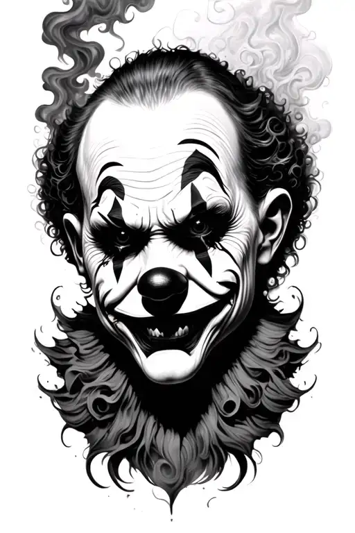 black and white, detailed head of a Clown, creepy, surreal, swirling patterns, smoke, intricate linework, horror, gothic tattoo design idea