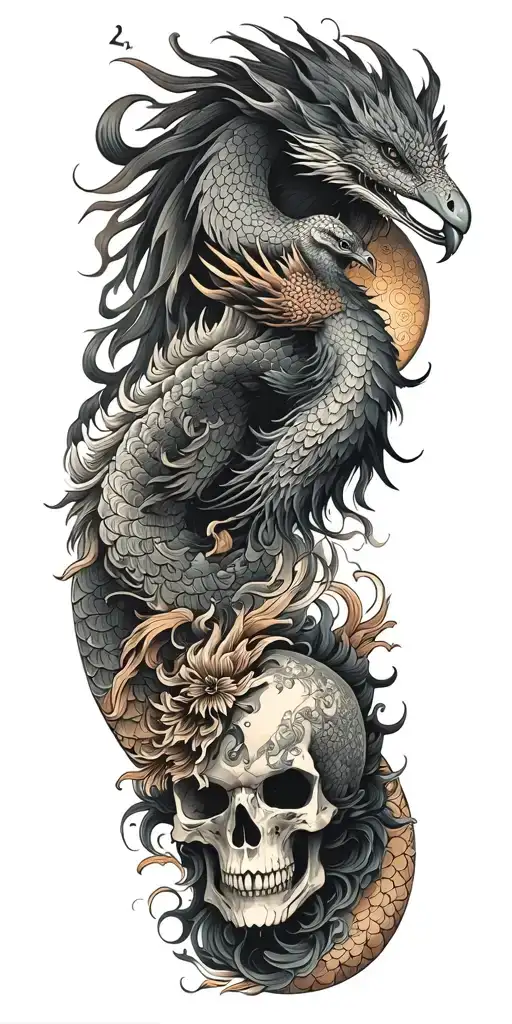 Chinese dragon and phoenix and skull and moon and raven tattoo design idea