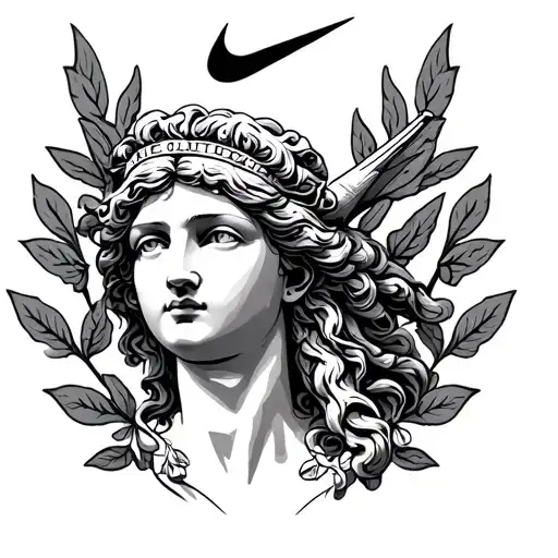 nike goddess of victory head with laurel leaves background traditional tattoo design idea