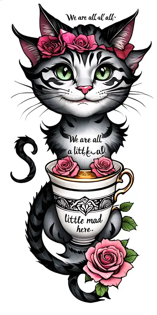 "We are all a little mad here" "We are all a little mad here" cheshire cat with tail intertwined with tea cup and rose tattoo design idea