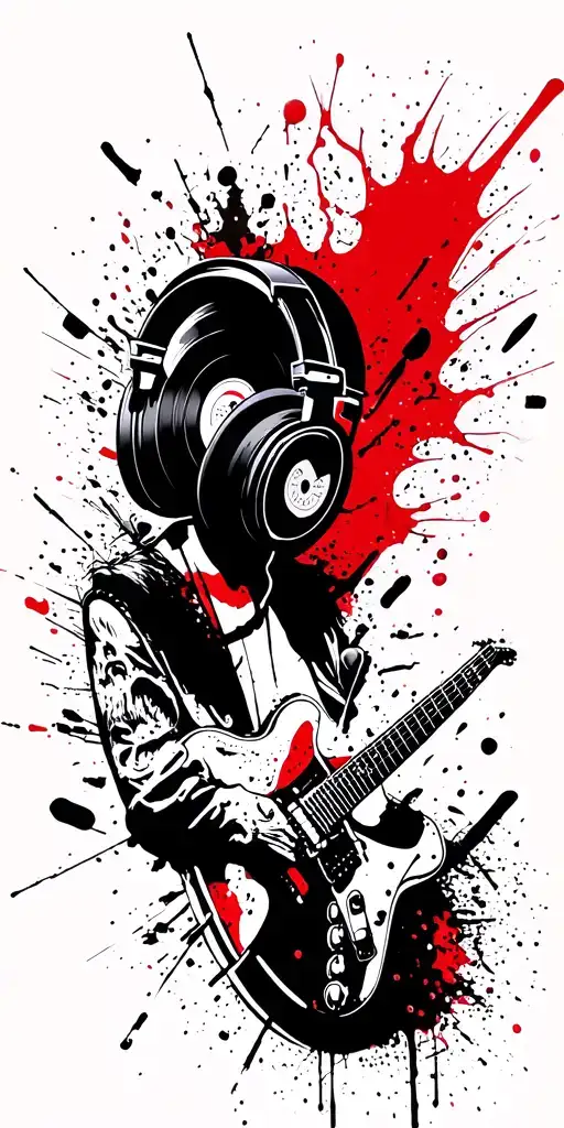 record player, headphones, guitar thunder storm tattoo design idea