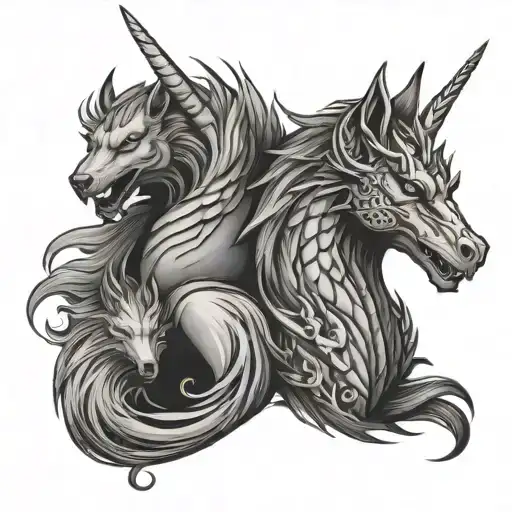 Dragon, unicorn, phoenix and wolf. tattoo design idea