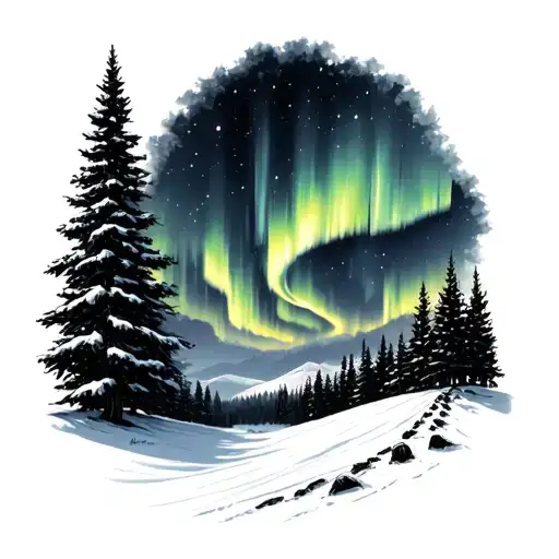 winter scene with aurora borealis tattoo design idea