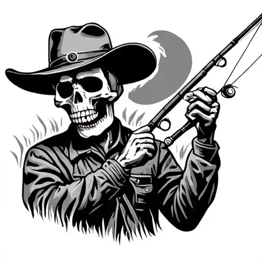 skeleton fly fisherman with a cowboy hat holding a fly fishing rod  tattoo design idea