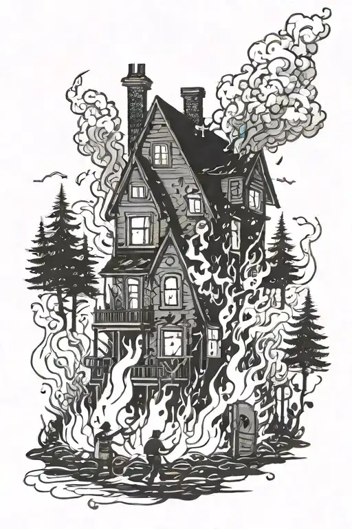 burning house surrounded by people with torches chasing monster through forest. tattoo design idea