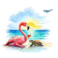 flamingo with best friend the sea turtle sitting on beach with glass of wine with plane flying over the sky n sunsettng  tattoo design idea