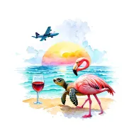 flamingo with best friend the sea turtle sitting on beach with glass of wine with plane flying over the sky n sunsettng  tattoo design idea