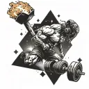 A tattoo of a campfire under the Orion nebula with a silhouette of a powerlifter lifting weights in the background tattoo design idea