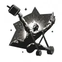 A tattoo of a campfire under the Orion nebula with a silhouette of a powerlifter lifting weights in the background tattoo design idea