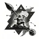 A tattoo of a campfire under the Orion nebula with a silhouette of a powerlifter lifting weights in the background tattoo design idea