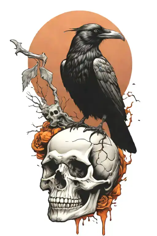 Raven perched on skull tattoo design idea