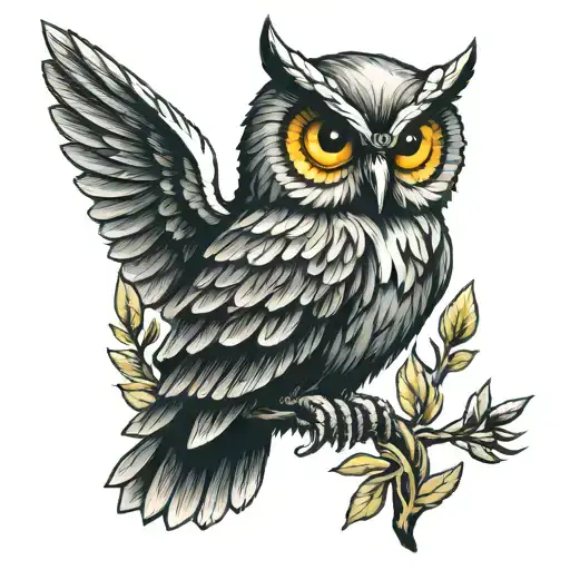 owl w spear and olive branch representing Athena Greek Mythology tattoo design idea