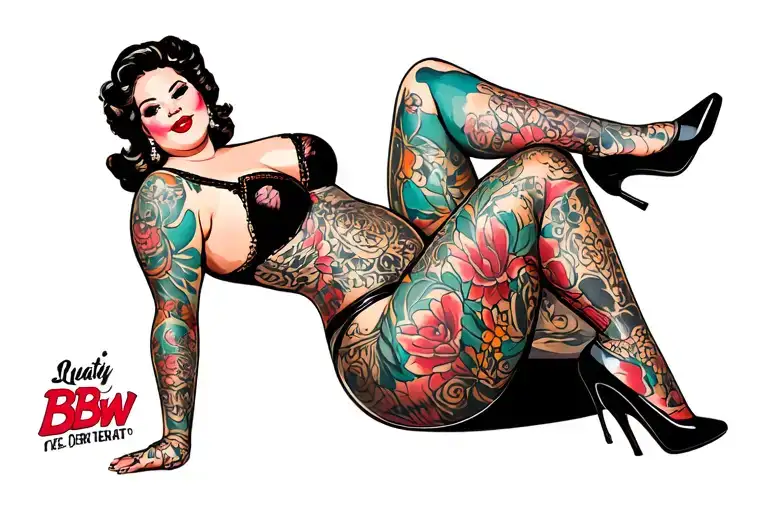 neo-traditional tattoo-style illustration of a plus-size (BBW) pin-up woman in a seated, playful pose. She is Caucasian  tattoo design idea