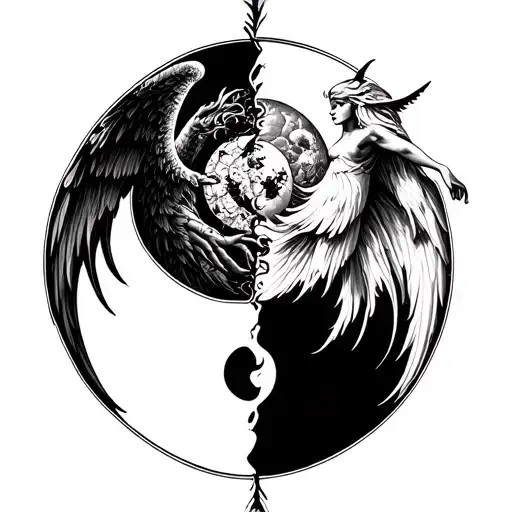 split in half yin and yang. angel on right pulling on the yin. devil on the right pulling on the yang style gothic tattoo design idea
