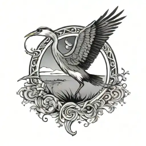 heron's head, crescent moon, circle tattoo design idea