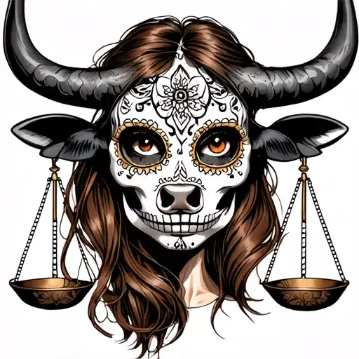 woman bull with sugar skull markings, brown eyes, brown hair and two Libra scales.  tattoo design idea