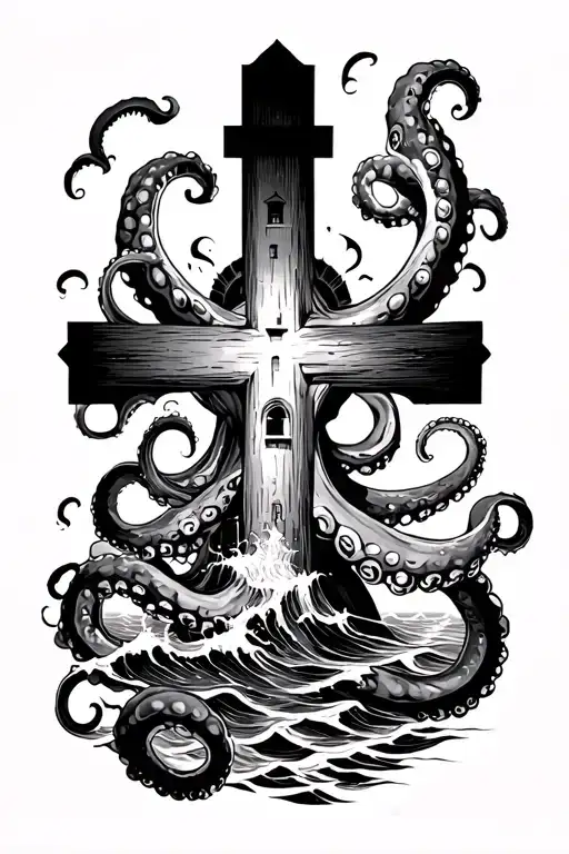 half sleeve forearm cross tattoo in rough sea being dragged by octopus tentacles with a lighthouse  tattoo design idea