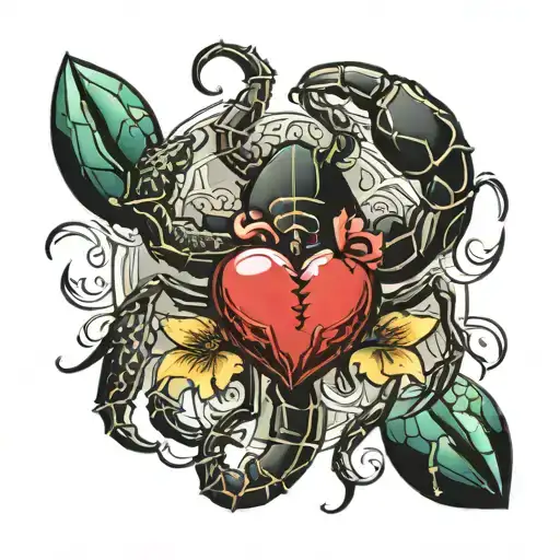 scorpion, crab, heart and the word Lia tattoo design idea