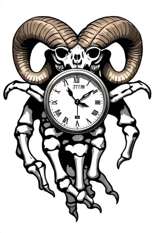 Hand tattoo with half a clock with the time 1:01pm and half of a rams face. Skeleton fingers with 777 written somewhere tattoo design idea