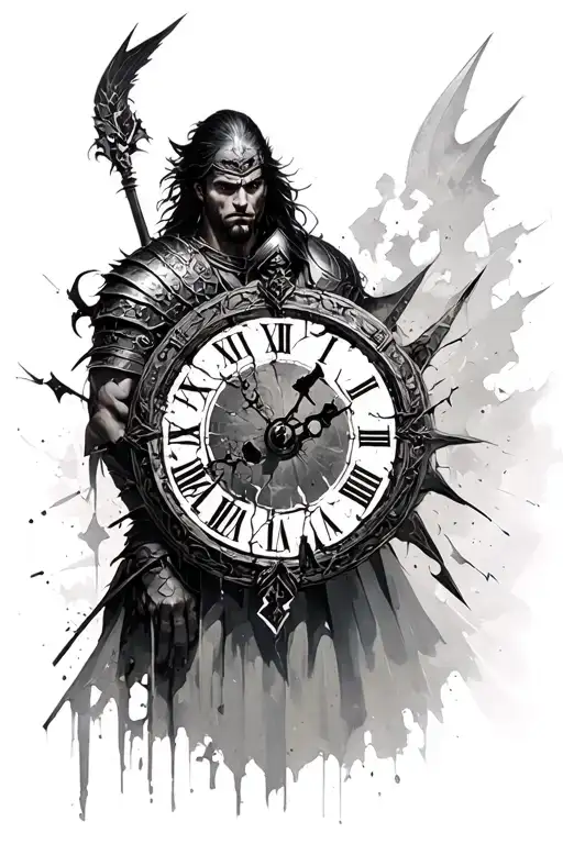 warrior with broken Roman numeral clock tattoo design idea