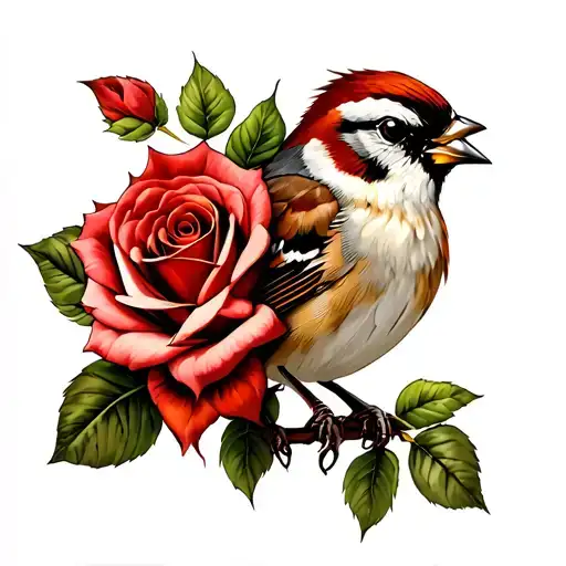Sparrow and rose patch work arm tattoo design idea