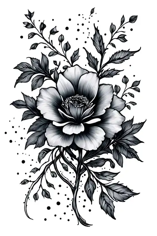 flowers and vines, organic flow. black work and dot work. feminine tattoo design idea
