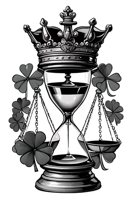hour glass chess king crown and 4 leaf clover surrounding on the bottom put a balance  scale  tattoo design idea