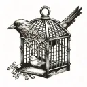 a bird that does not fly from a cage with an open door tattoo design idea
