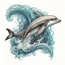 Create a dotwork tattoo of a dolphin swimming through a sea of musical waves tattoo design idea