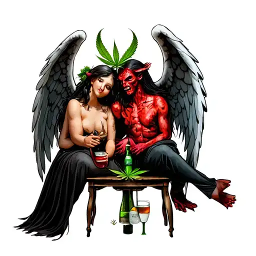 demon and angel sitting with alcohol and weed tattoo design idea