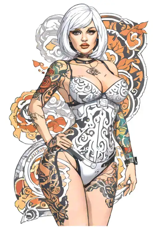 Sexy petite Woman with white short bob hairstyle, giant Boobs, Wide hips, G-String, Revealing bra, Full Body View tattoo design idea