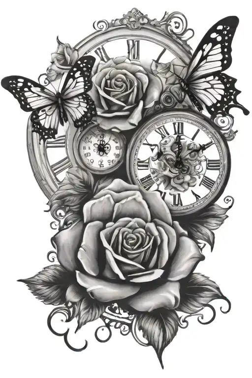 butterflies and roses with a clock tattoo design idea