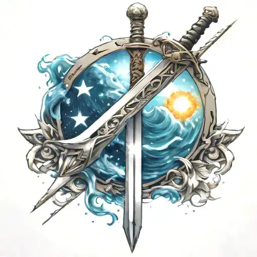 sword surrounded by stars, sea, stars shining tattoo design idea