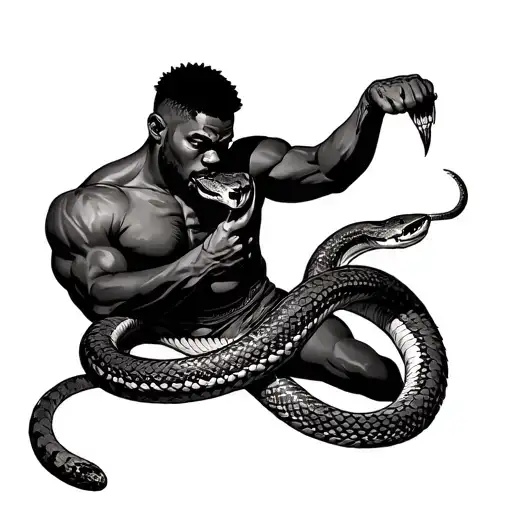 a black man fighting a snake coiled around his arm and the Man is holding a snake  tattoo design idea