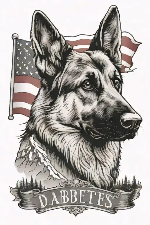 German shepherd American flag saying "diabetes" mountain scene tattoo design idea
